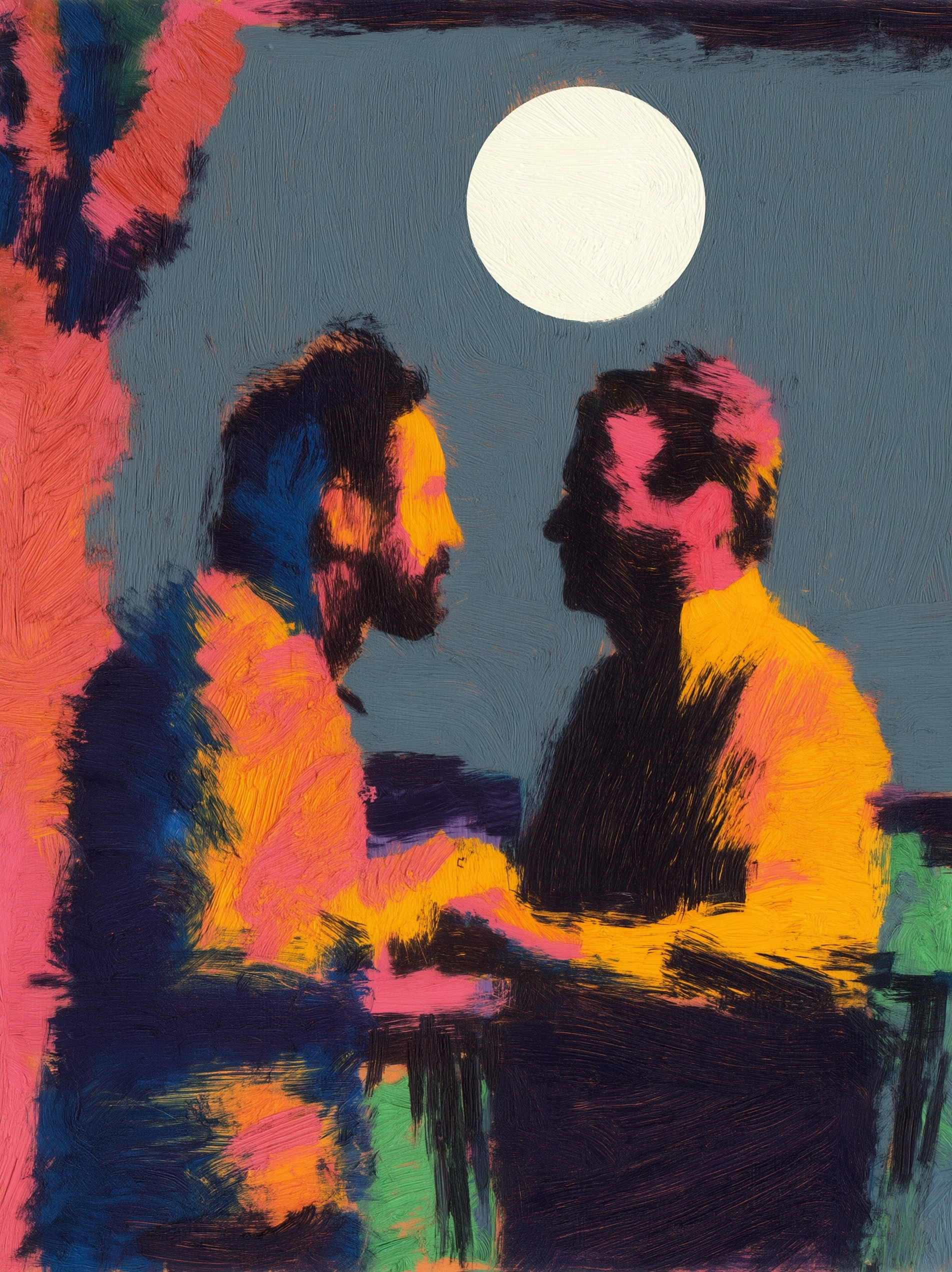 Two middle aged men are having sweet moments. They are staring at each other