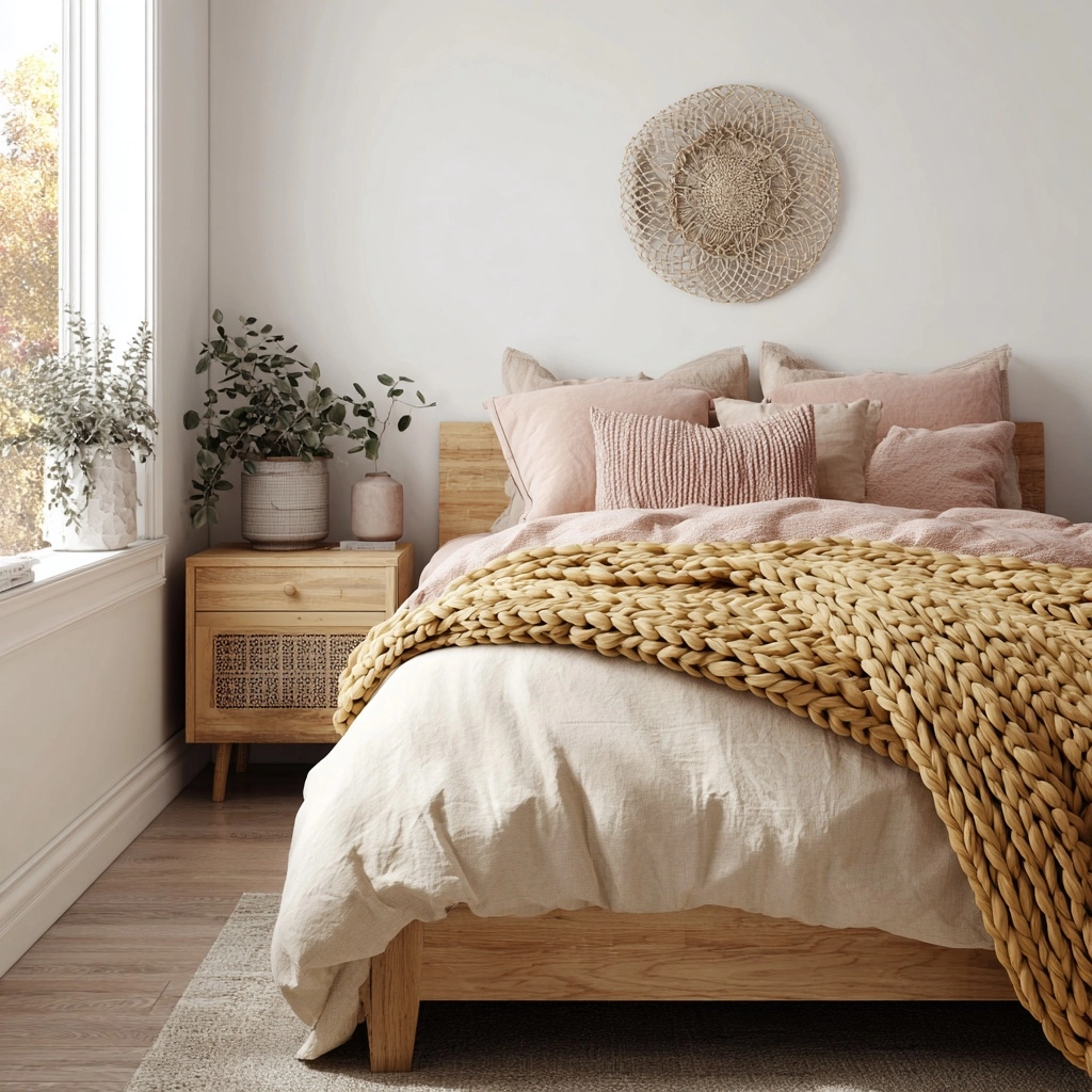 Photorealistic interior photography, cozy modern bohemian bedroom, slightly wider angle