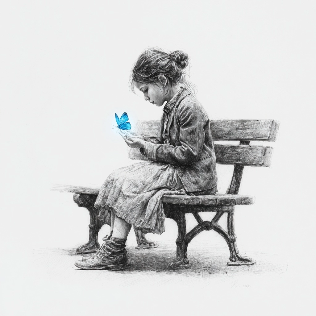Photorealistic pencil sketch of a lonely young girl sitting on a simple wooden bench
