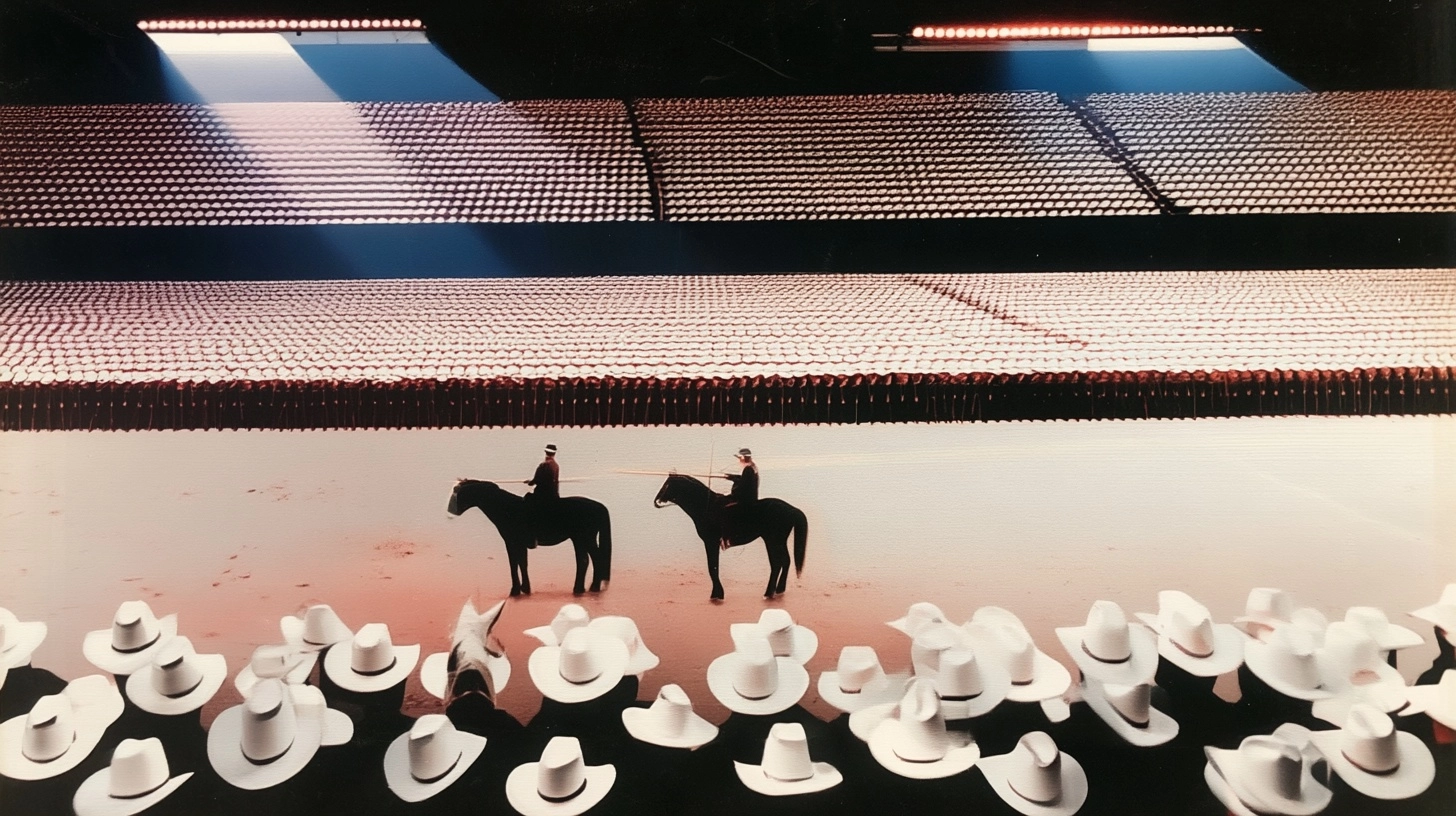 A wide shot among the crowd for 2 men on a black horses holding billiard sticks and playing in a sta