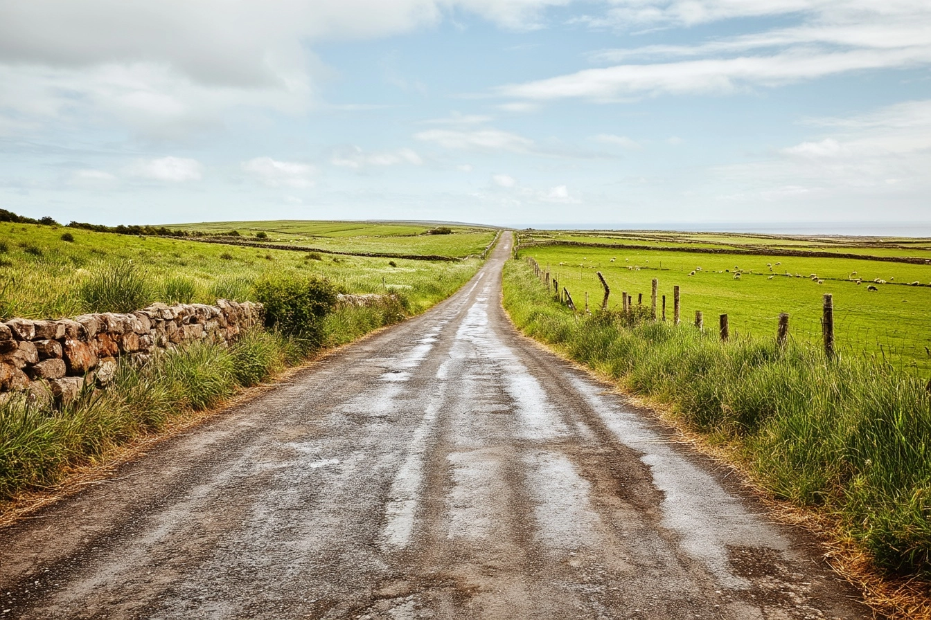 The road from Ireland, roadside perspective with foreground texture of worn pavement