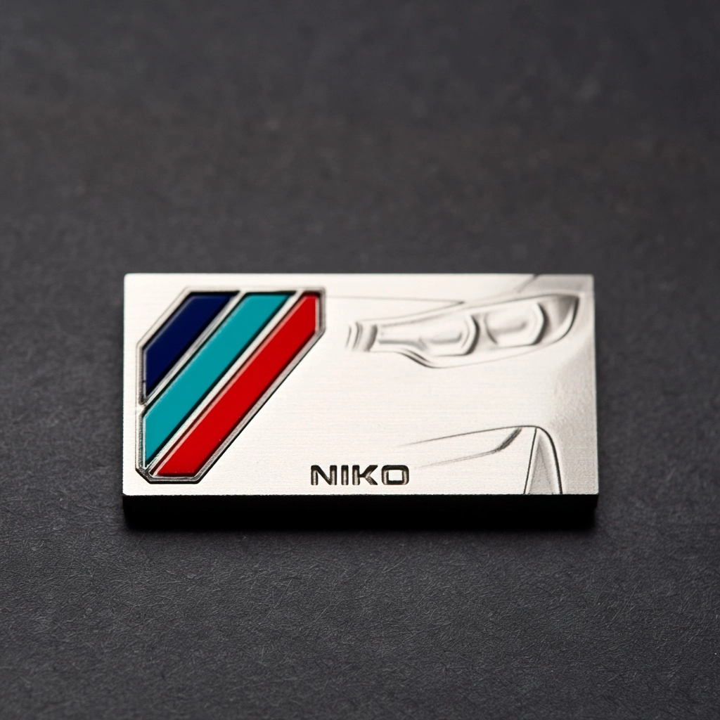 Premium BMW enthusiast keychain plate, 3D-printed 17-4PH stainless steel. Rectangular with subtle di