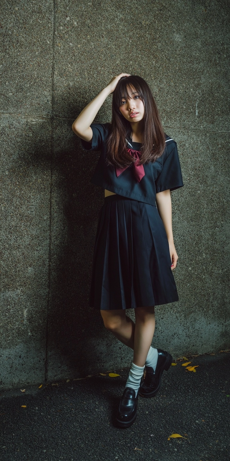 Realistic fashion portrait photography of a Japanese school uniform woman, 20-something