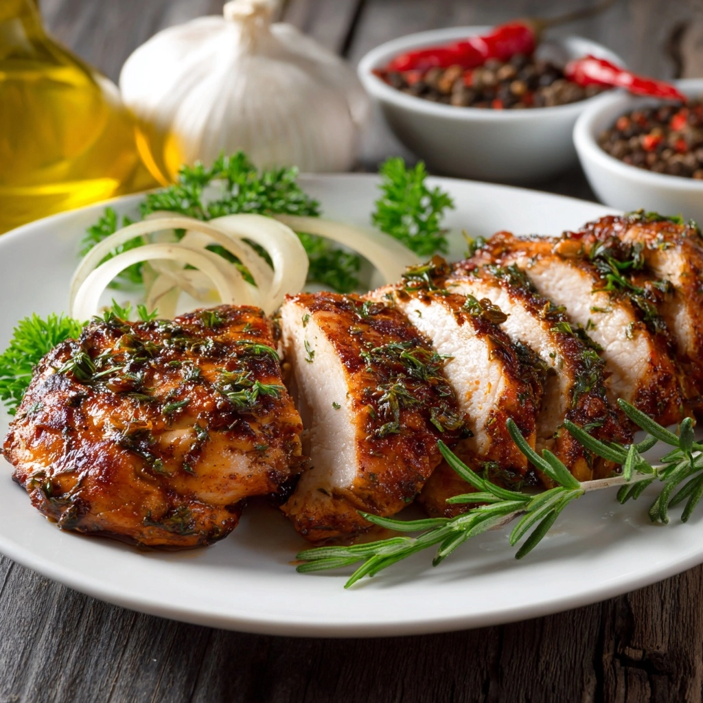Marinaded cooked chicken meat with herbs and vegetables on a white plate, spices in background