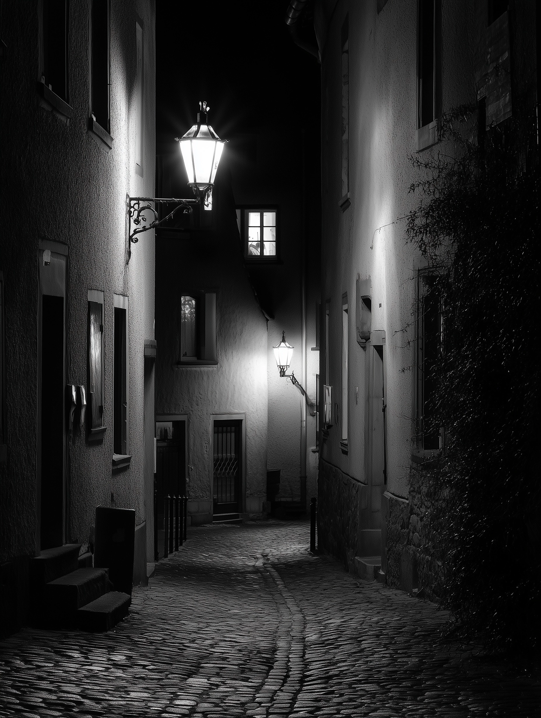 Schwarz-weiß Foto einer schmalen alten Gasse in einer südeuropäischen Stadt, es ist Nacht