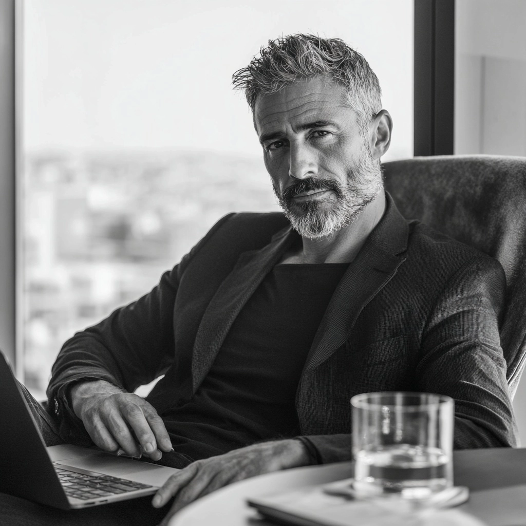 Carlos, a 45-year-old Spanish businessman with a youthful athletic build, slightly wider face