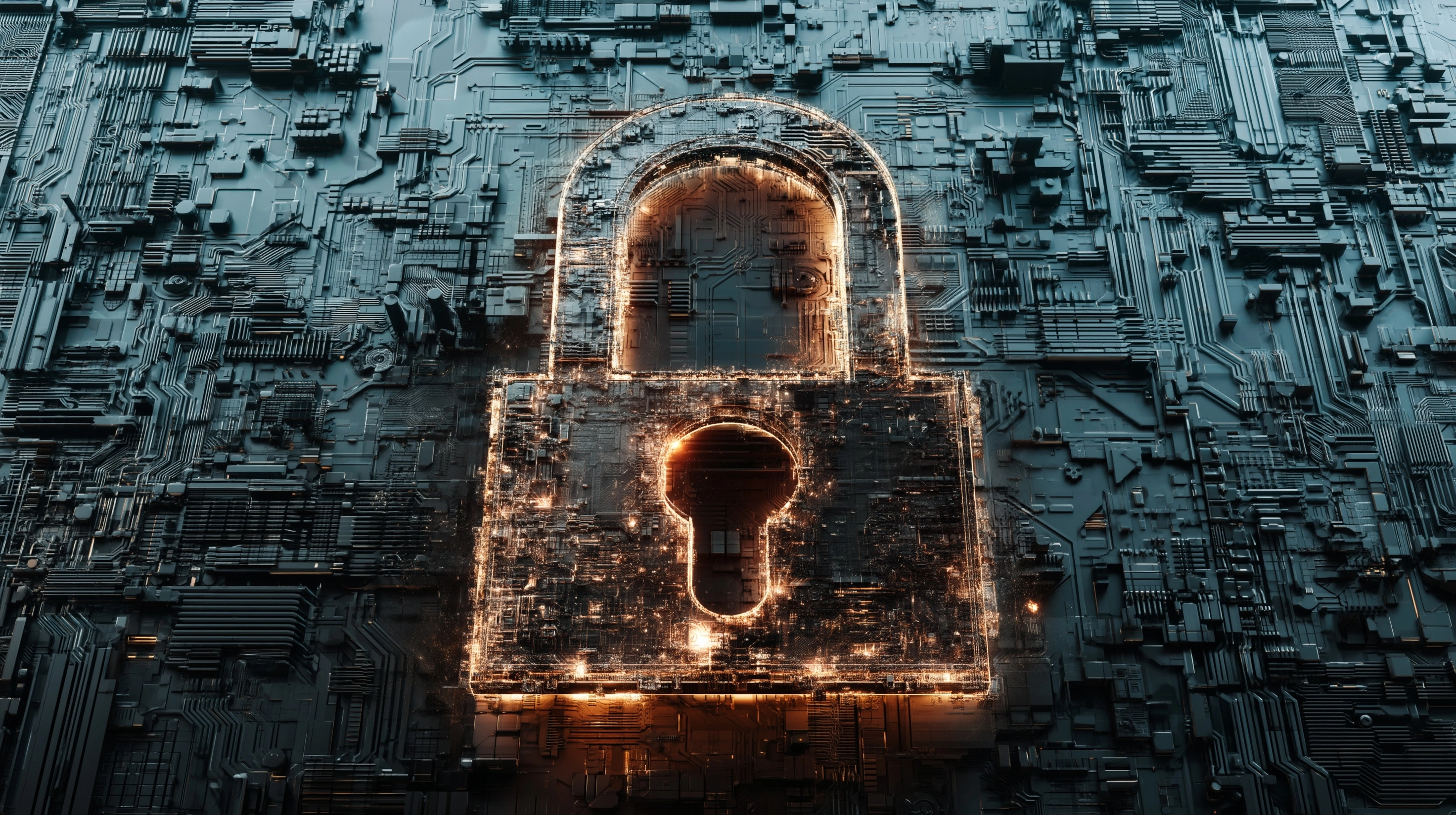 Security: A heavy, glowing digital padlock overlaid on a circuit board background.