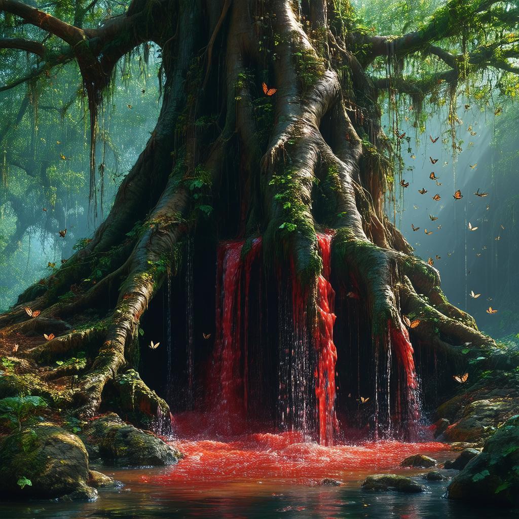 Crimson Water Cascading Through a Dying Tree