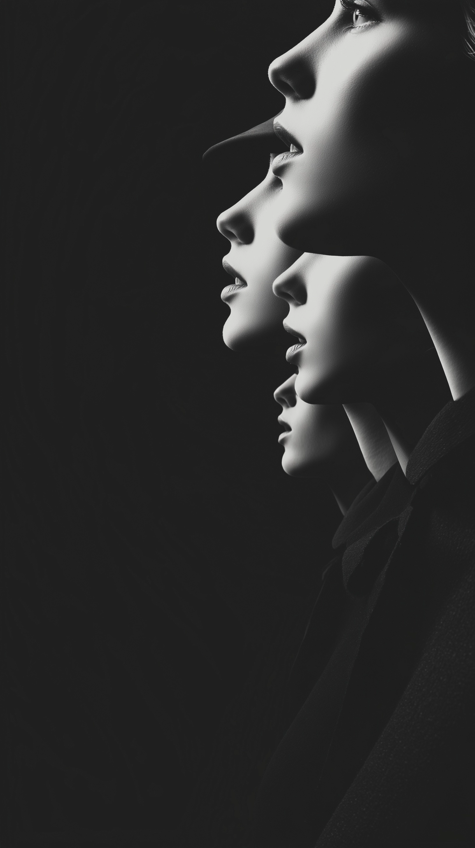 Several women aligned side by side, surreal theatrical composition