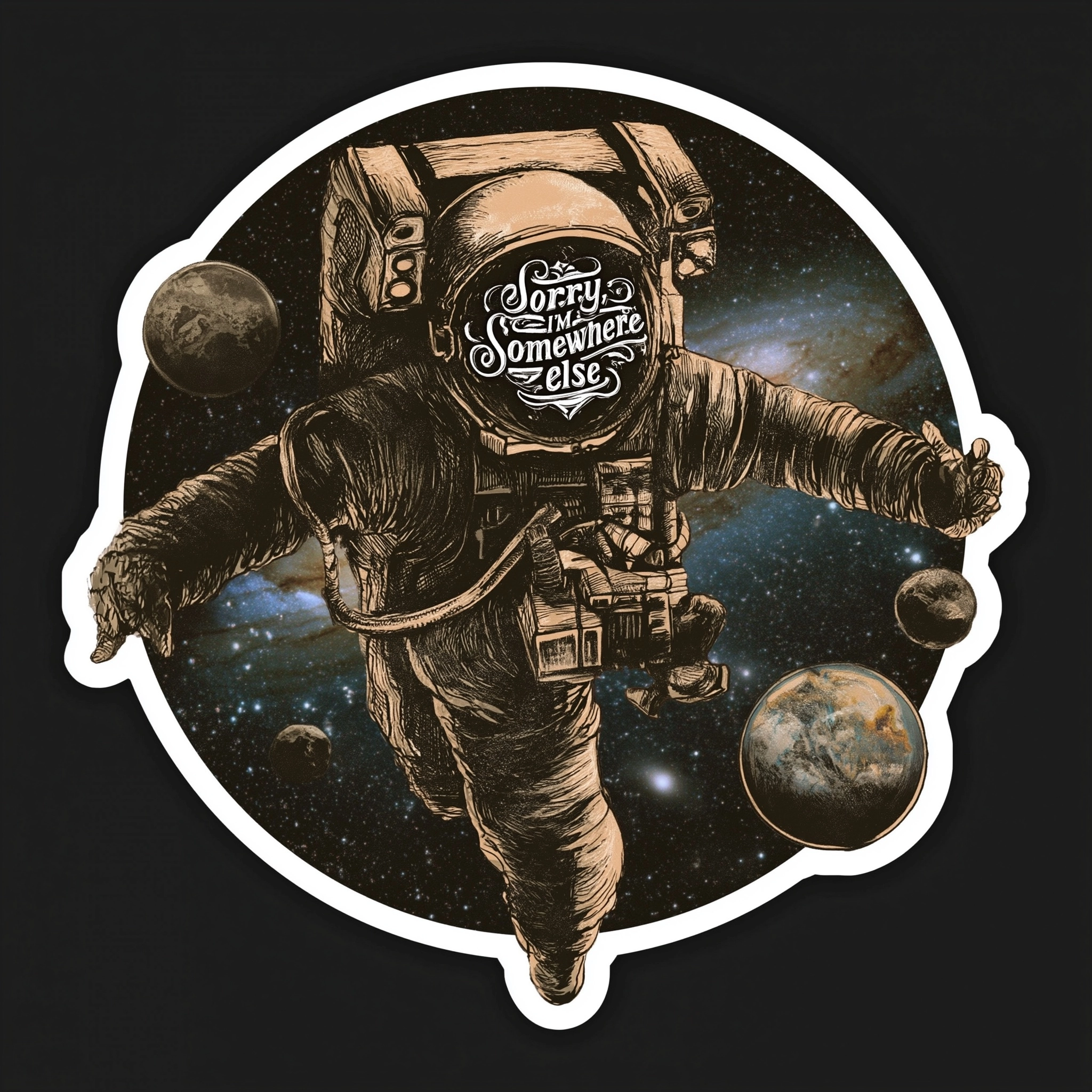 Sticker, A captivating vintage-inspired illustration depicts an astronaut floating in space