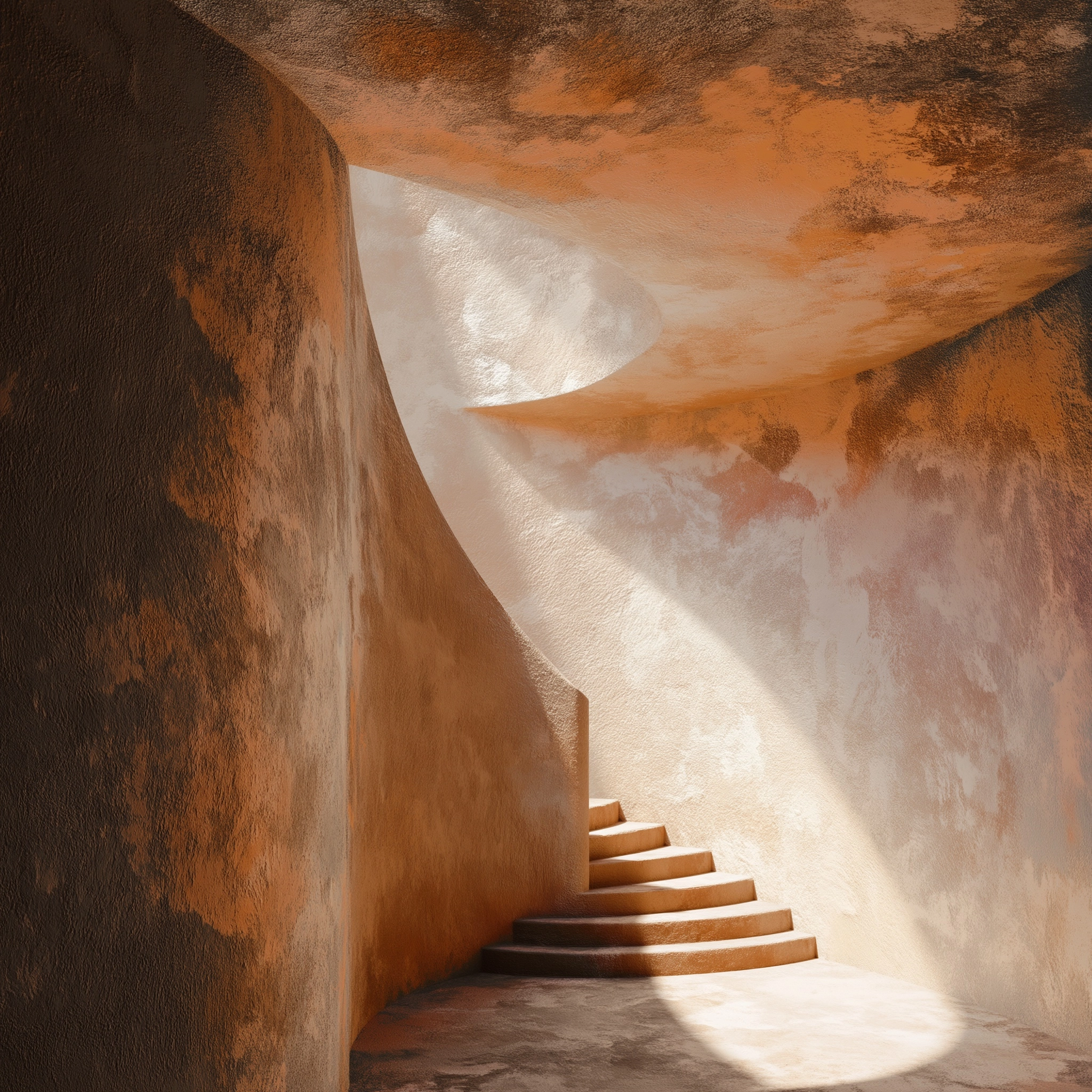 Sunlit plaster geometry of sunlit staircase corner with one curved opening
