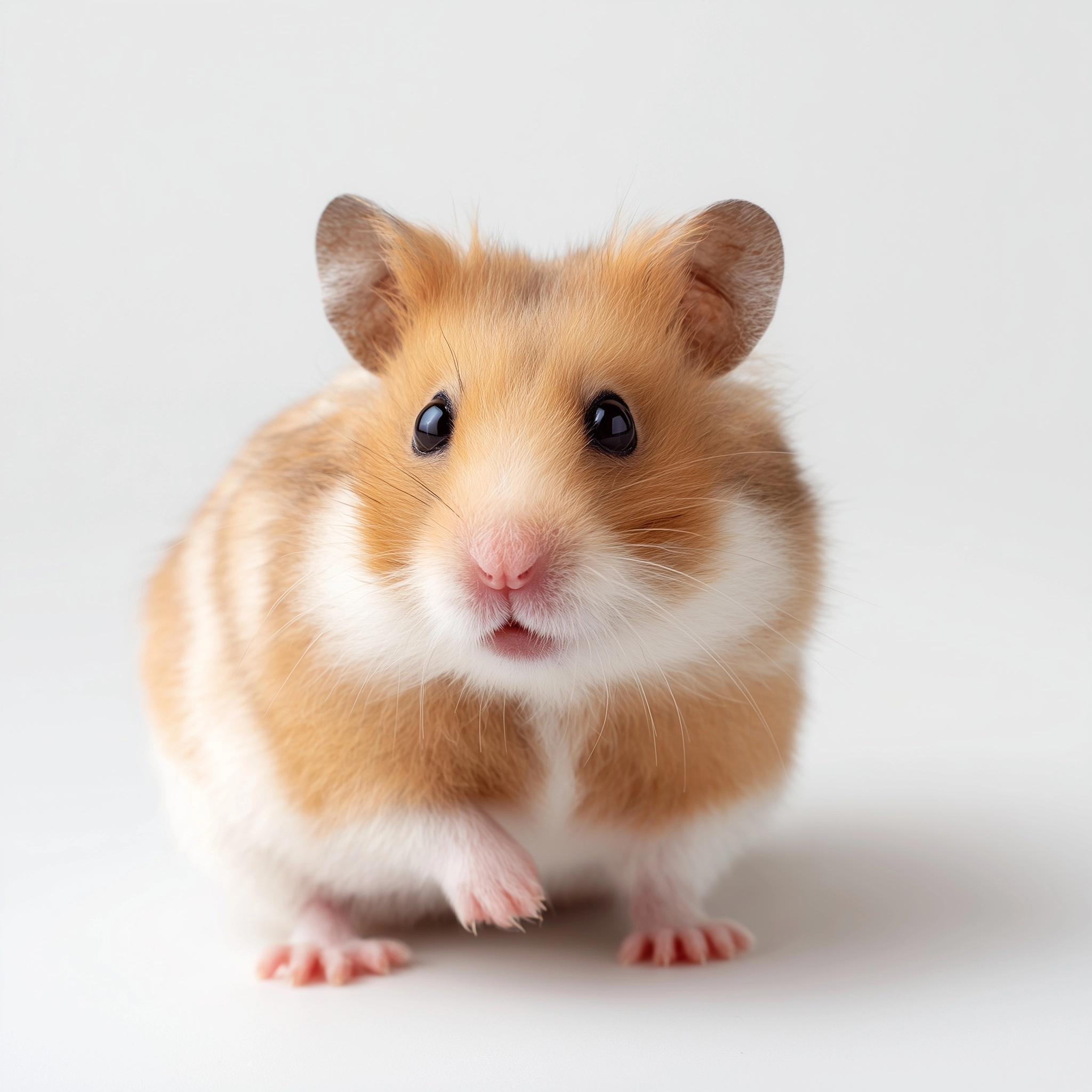 Superrealistic studio photography for pet food, white background, a cute lightbrown hamster