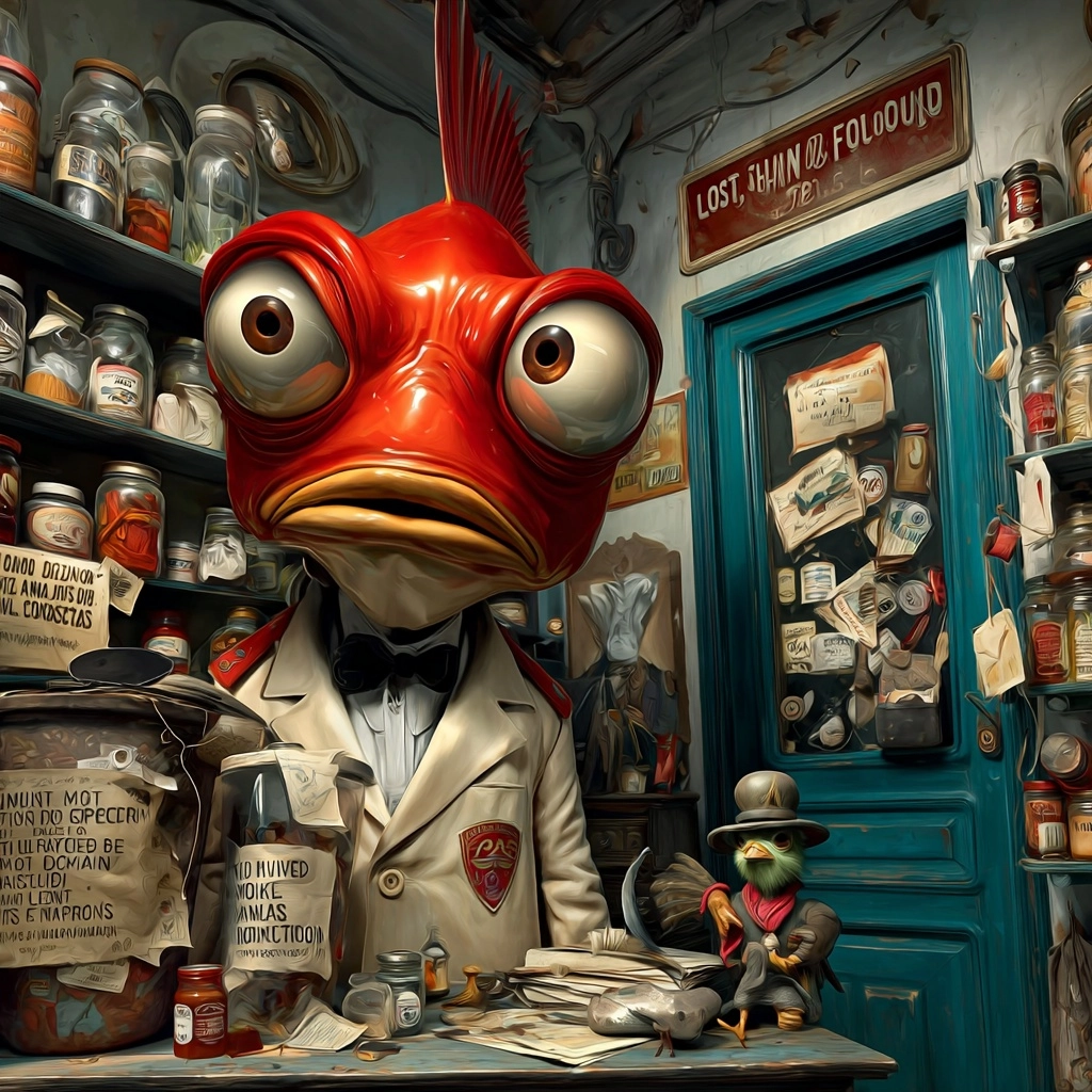 Ultra-realistic surreal photograph, a small mysterious lost and found office hidden inside an old tr
