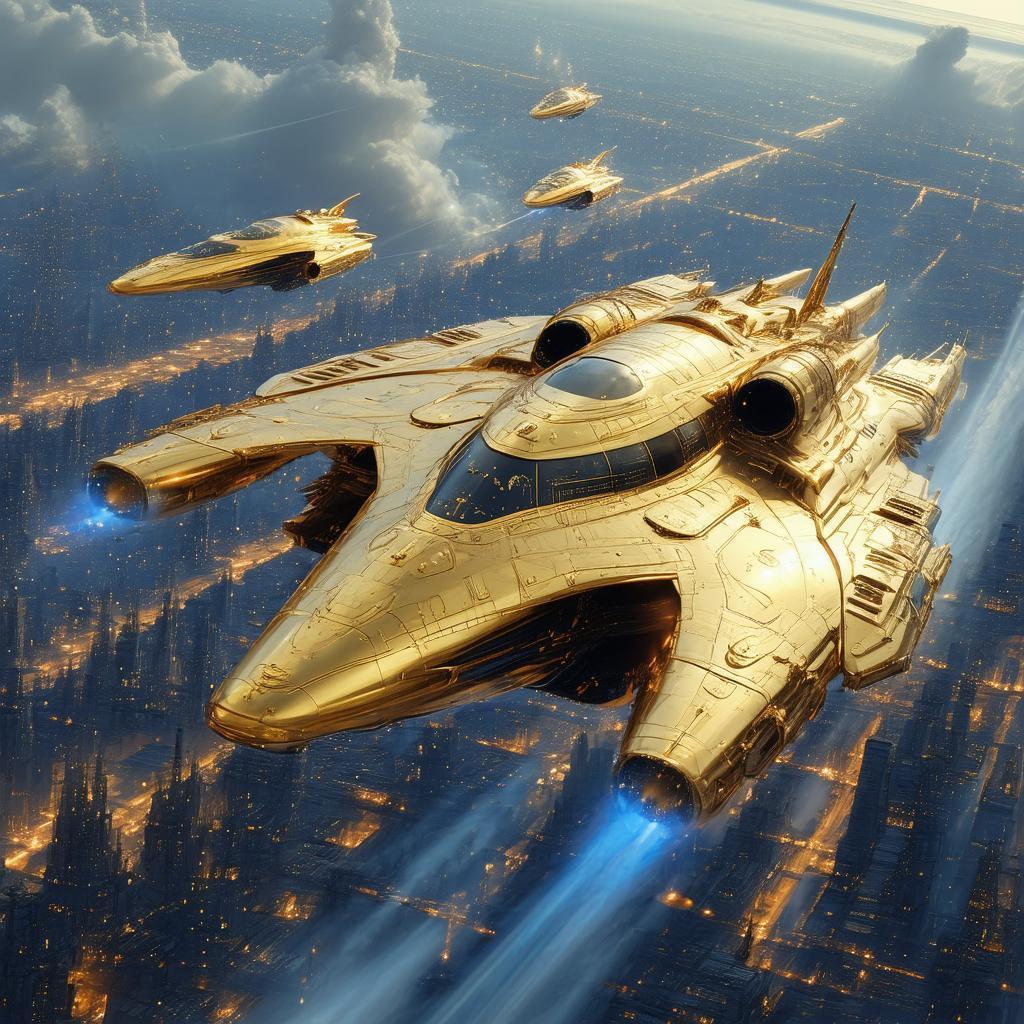 Golden Spaceship Escorted Through Neon Skies