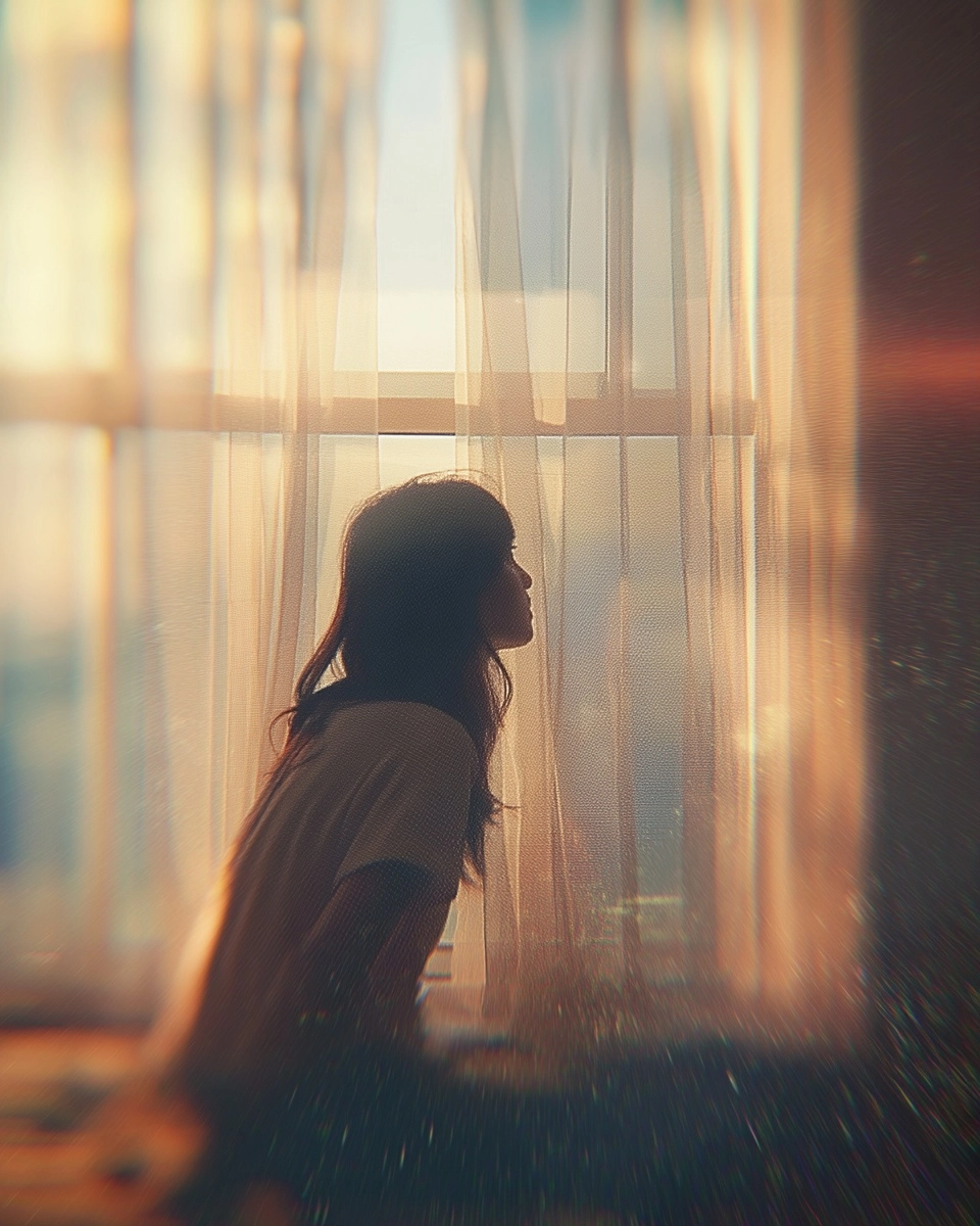 A young woman looking out of a window, old apartment, soft curtains, analog photography