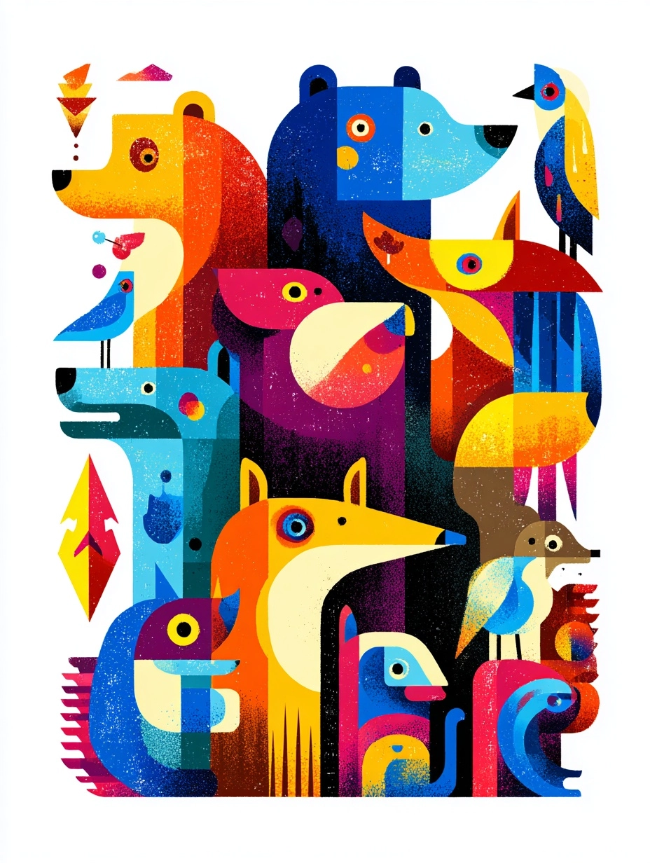 An abstract illustration based on forest creatures. Bears. Fox. Squirrels. Skunks. Birds. Very playf