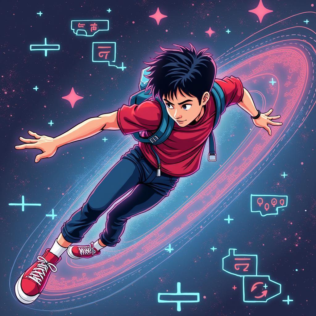 Asian Teen Soaring Through the Pixel Metaverse