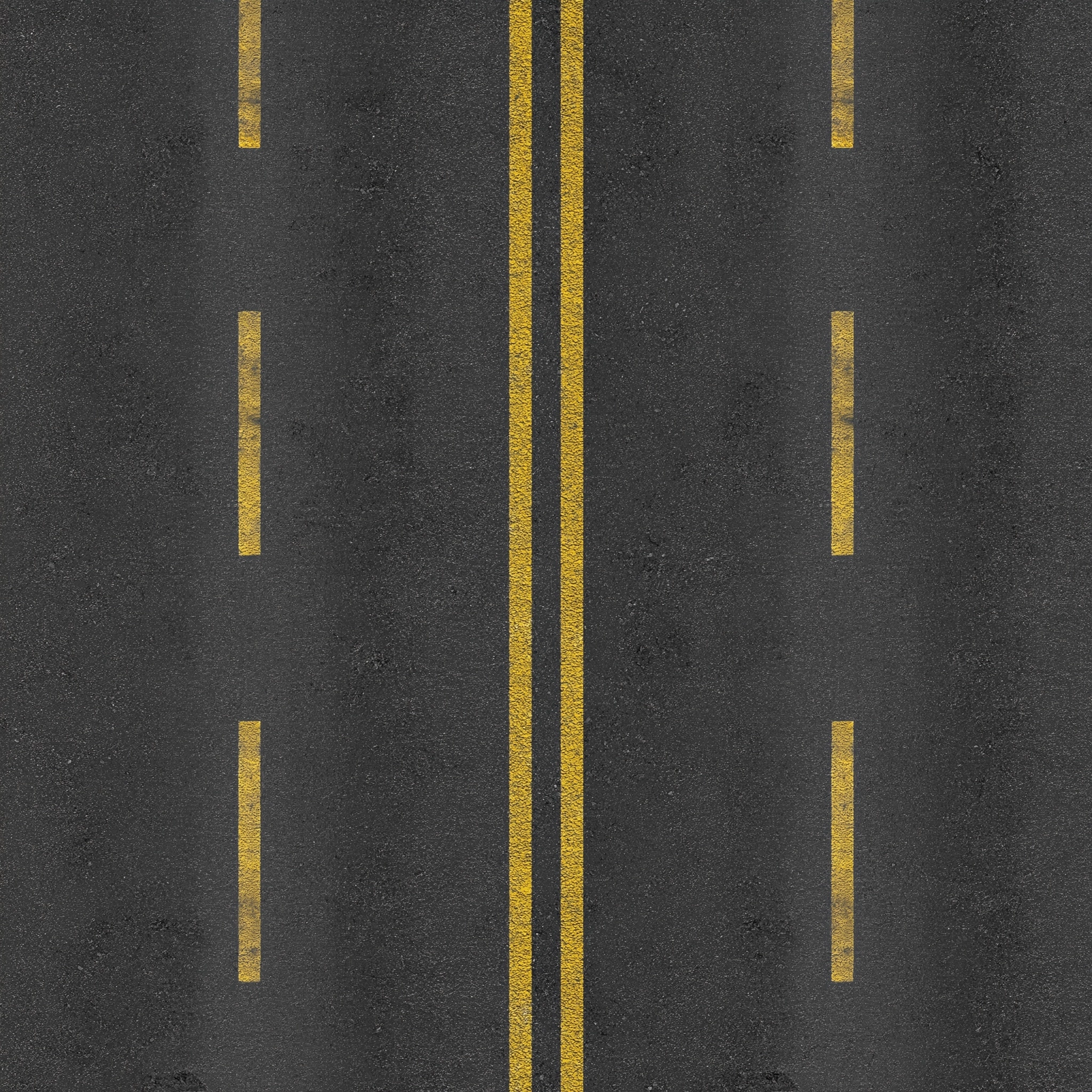Seamless tileable asphalt road texture, dark gray tarmac, yellow dashed center line lane markings