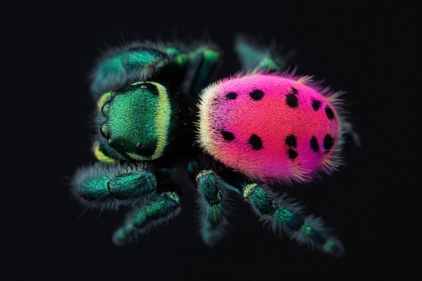 This jumping spider is small and densely furred, broad through the cephalothorax and compact through