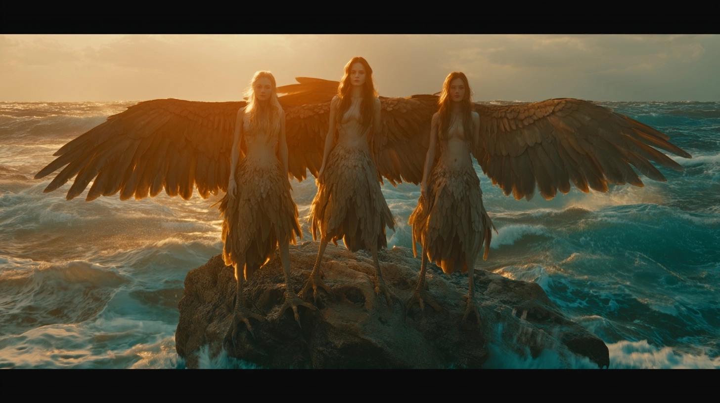 Three Siren sisters, beautiful women upper bodies fused into bird lower bodies