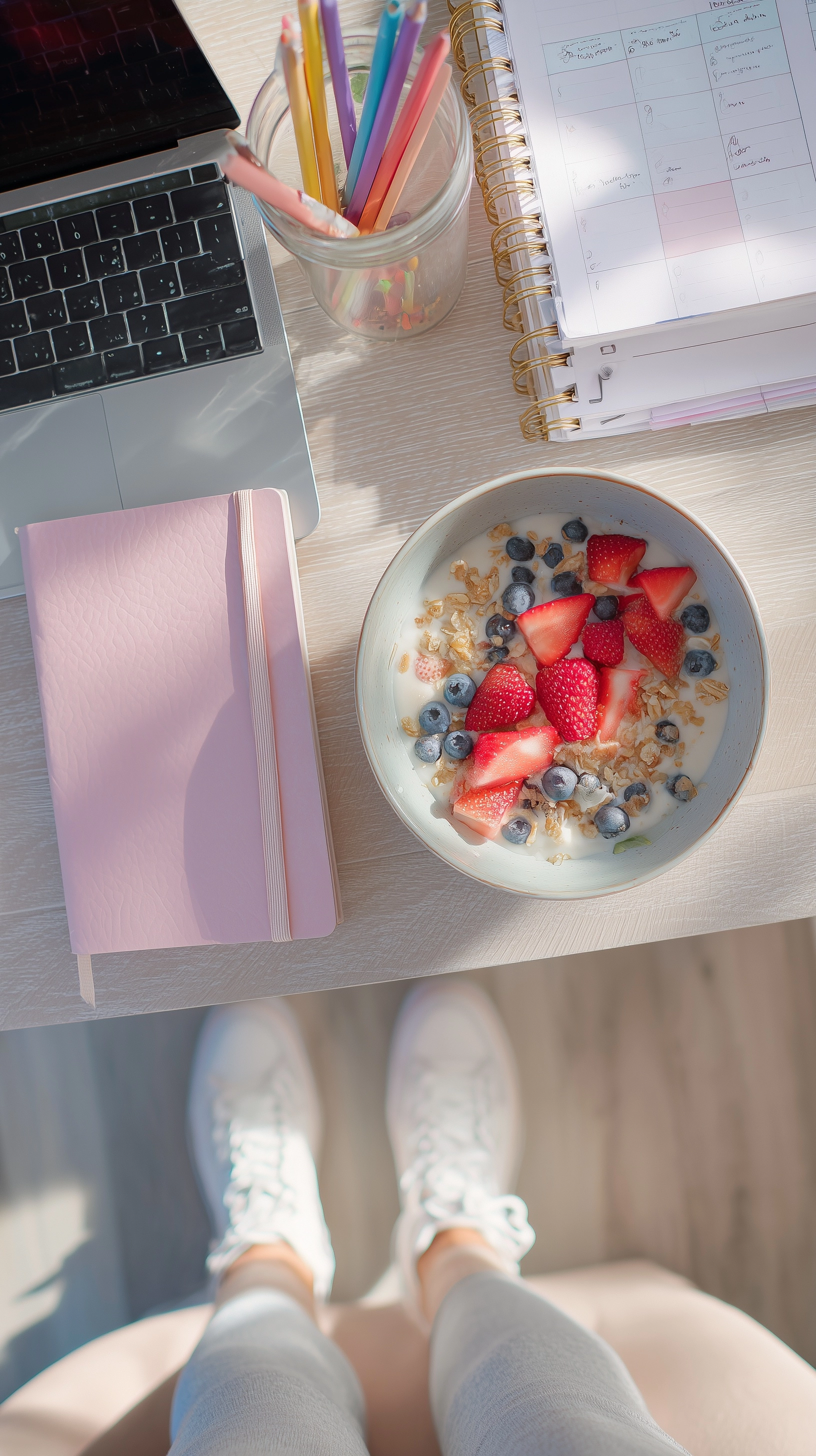 Top-down lifestyle photo, real everyday workspace on a light wood desk, vertical 9:16