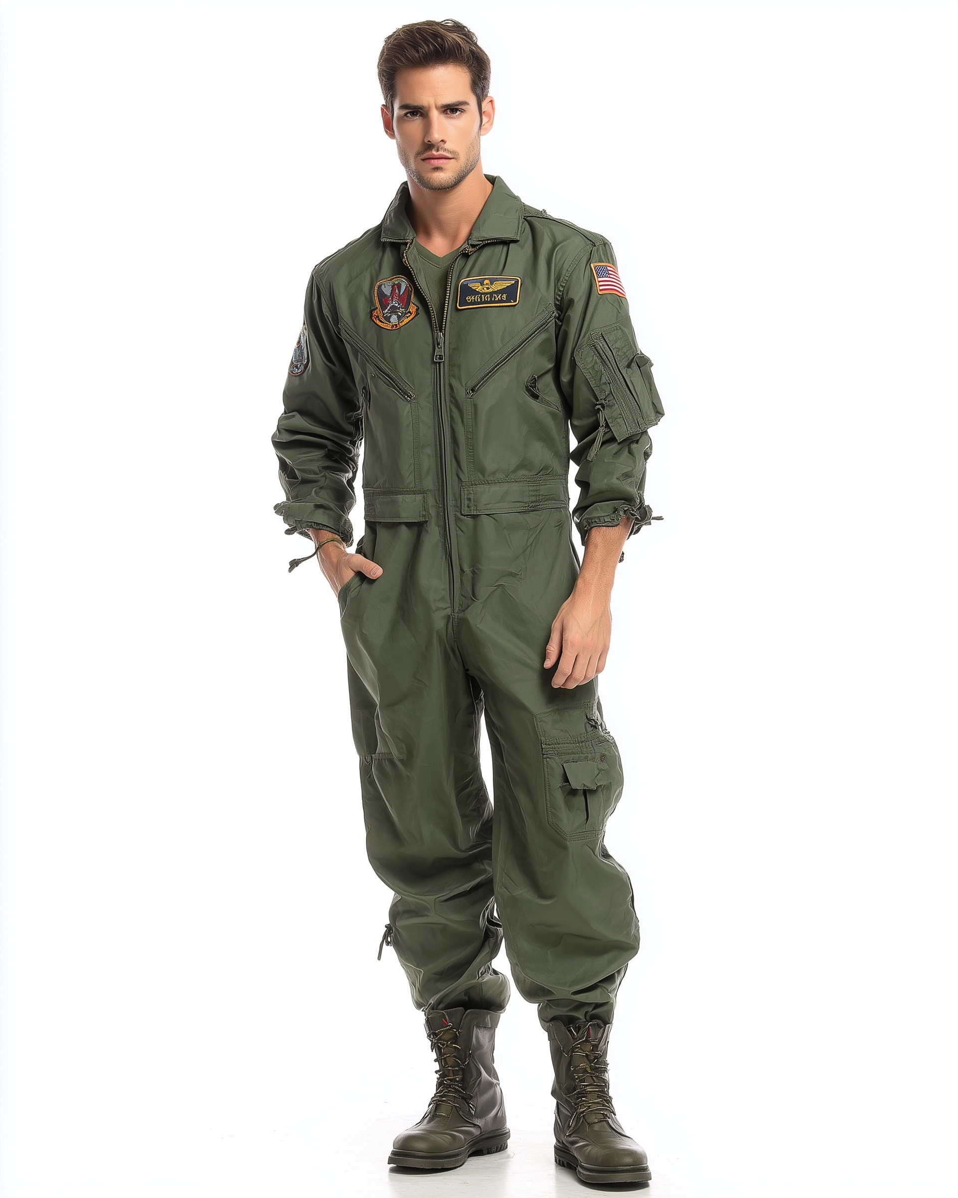 Top gun green flight suit costume for men, plain white background