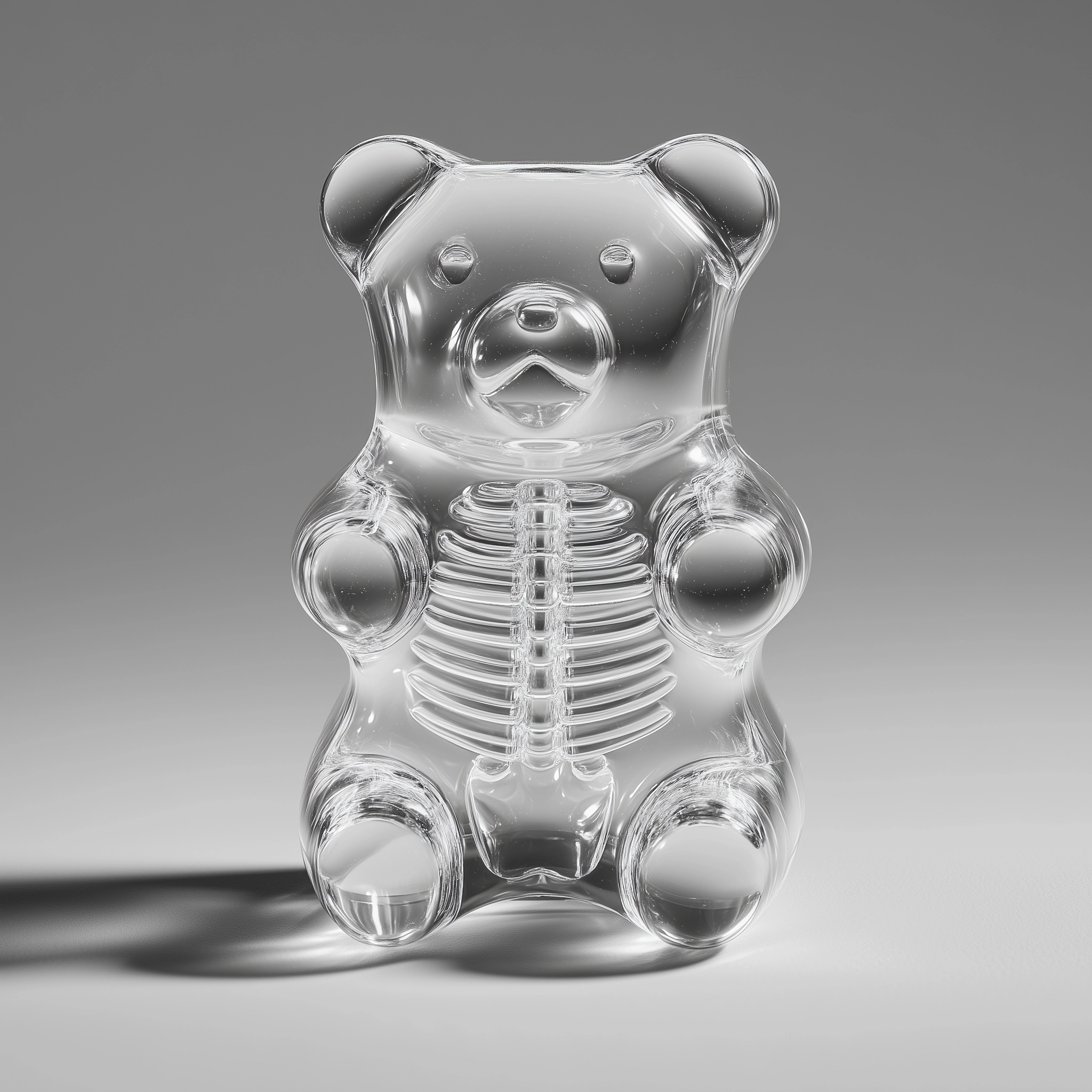 Transparent gummy bear with a visible skeleton inside, x-ray aesthetic, glossy jelly texture