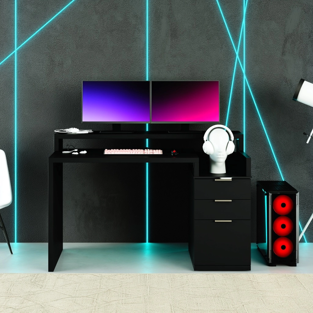 Ultra realistic catalog photo of a modern black gaming desk in a clean contemporary room