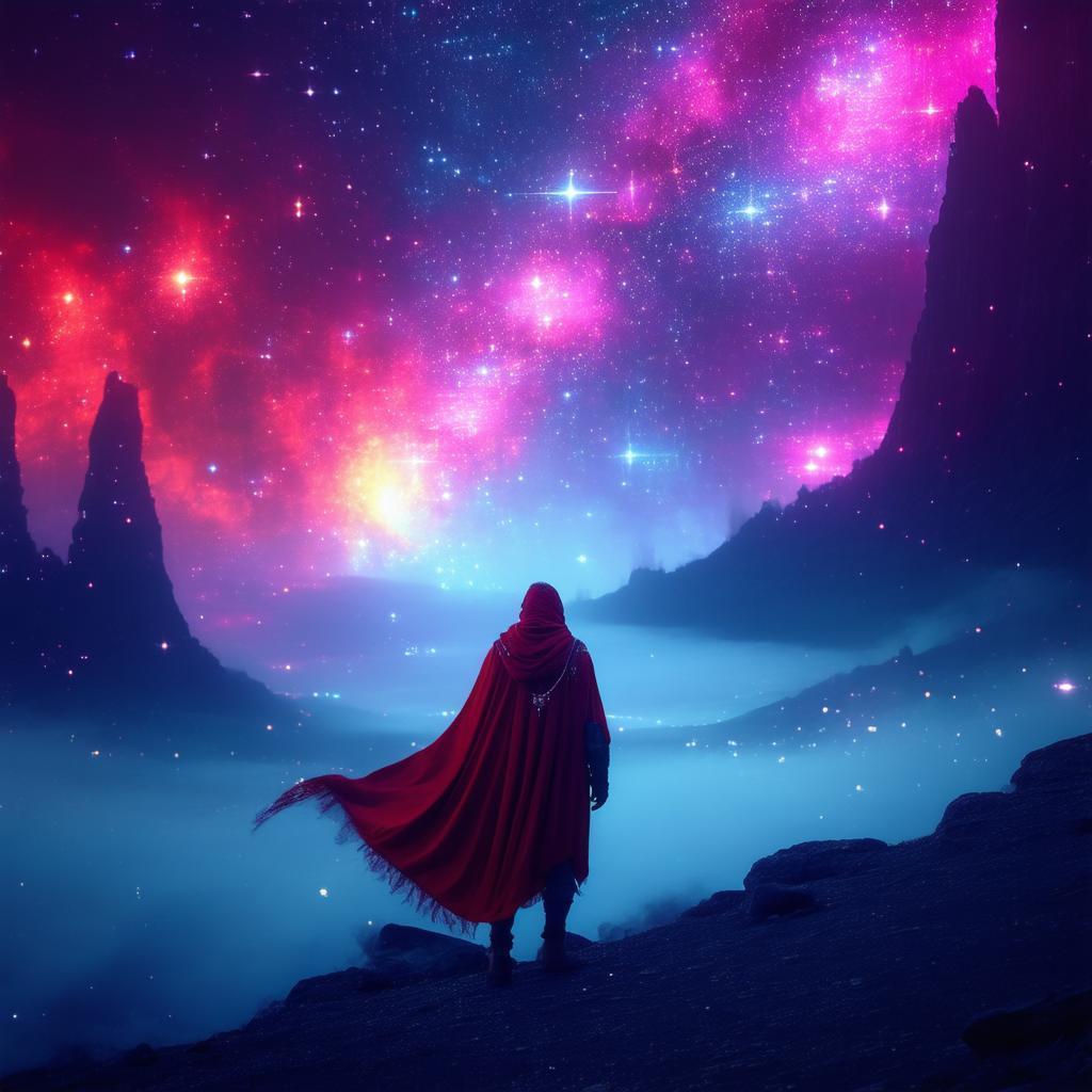 Red Cloaked Traveler Before a Neon Cosmos