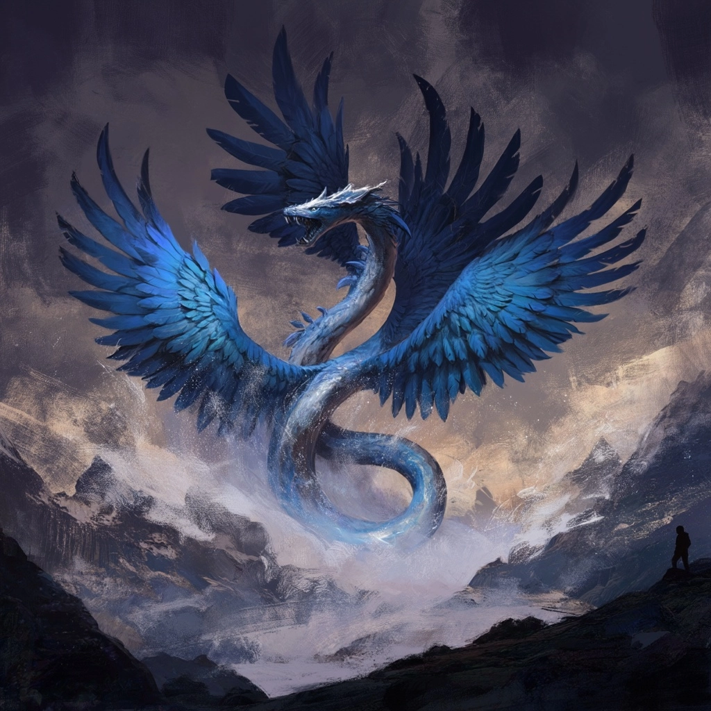 A winged serpent, a serpent with six feathered wings, mayan god, blue and silver body