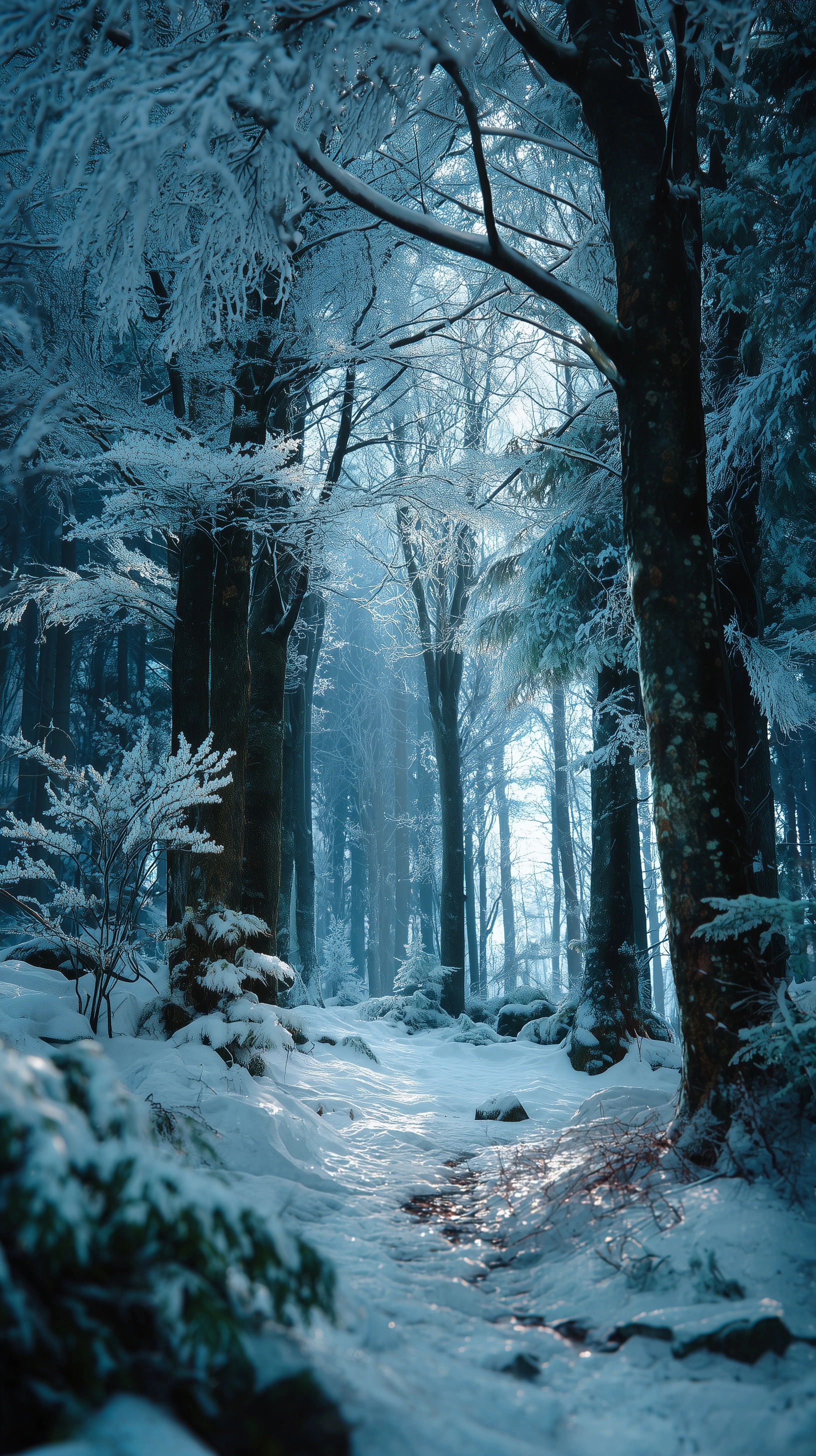 Ultra-realistic snowy forest in a frozen kingdom, deep winter forest covered in thick snow