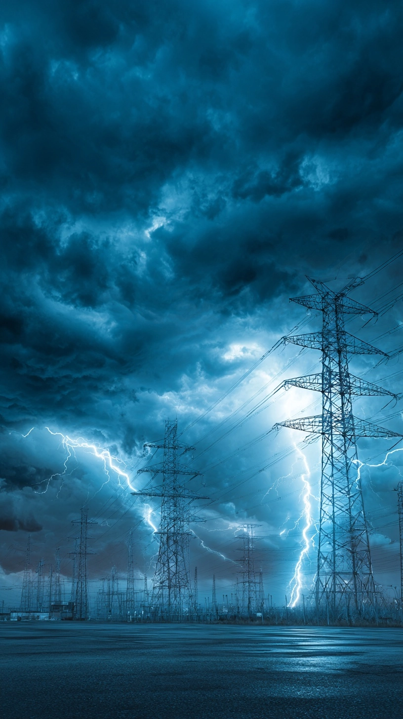 Vertical shot of futuristic power pylons during a high-tech thunderstorm. The towers are catching gl