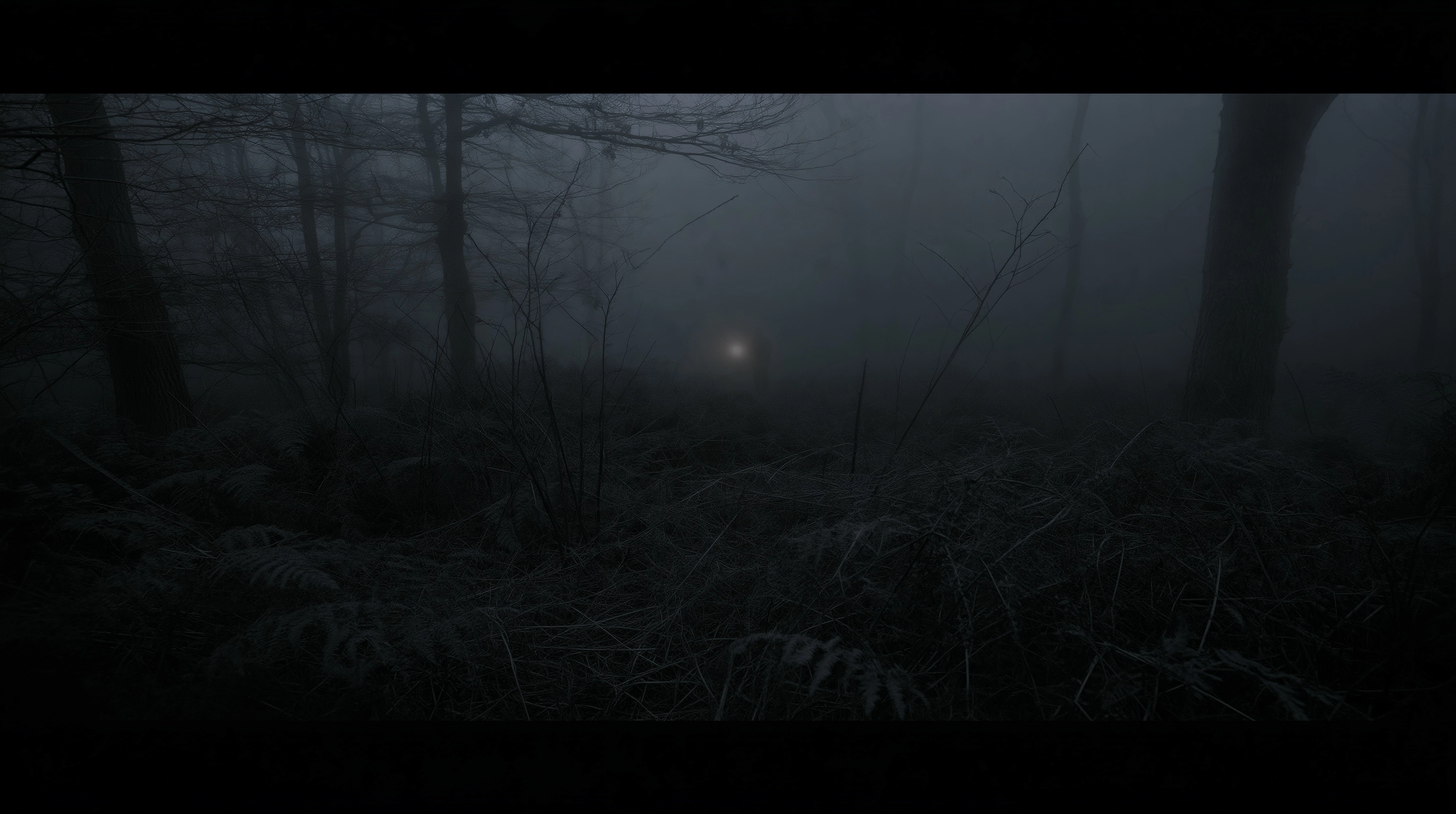 Very dense dark night fog swallowing the entire image, war reportage photography
