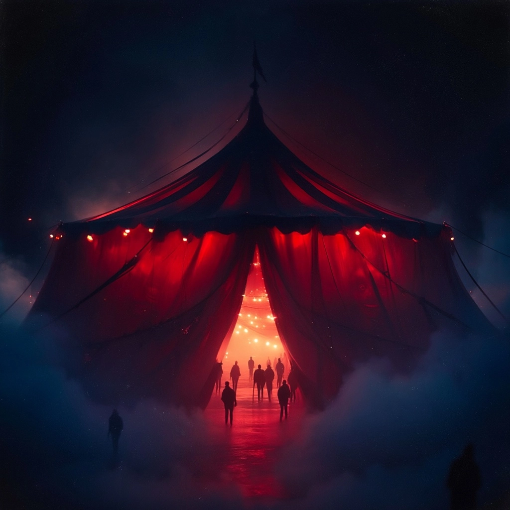 Dark gothic carnival at night, colossal circus tent (big top) glowing with deep crimson and ember li