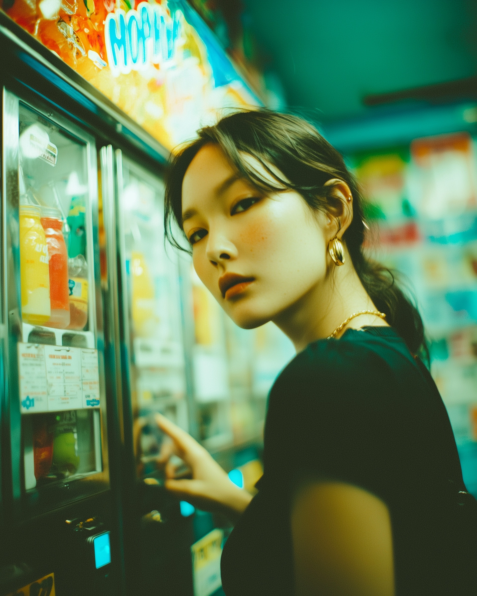 Young east asian woman standing next to a convenience store slushy machine