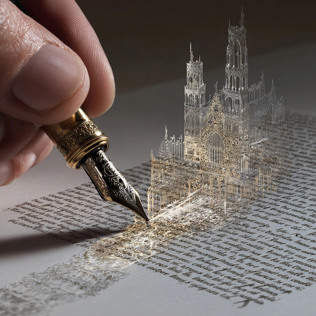 A filigree hand holds an ornate fountain pen, it is drawing a cathedral that is rising up off of a s