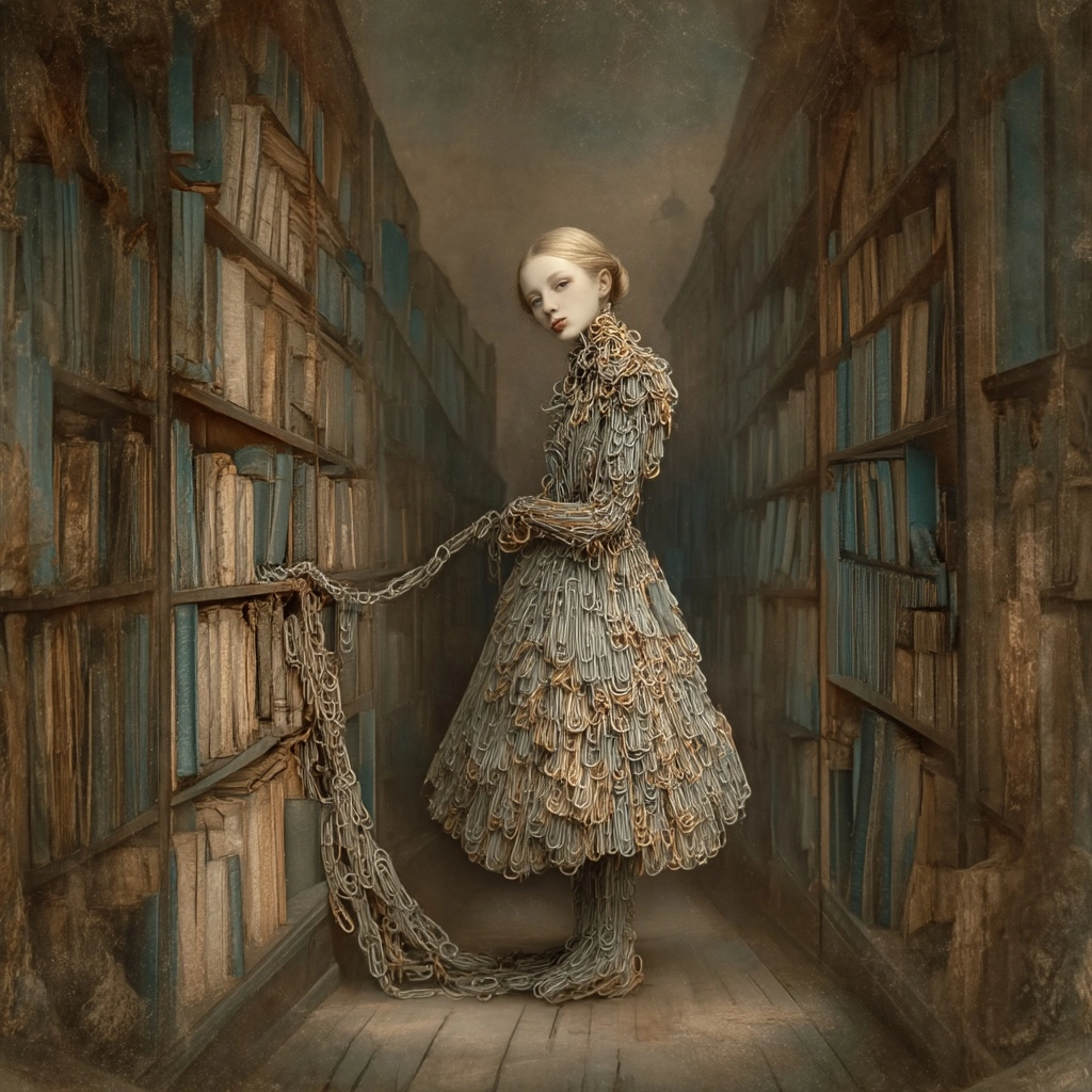 Minimal surreal composition: a blond human figure wearing a dress entirely made of interlocking pape