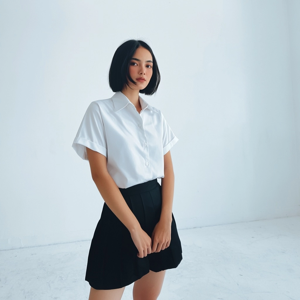 Beautiful asian girl short hair , short skirt , in white empty room