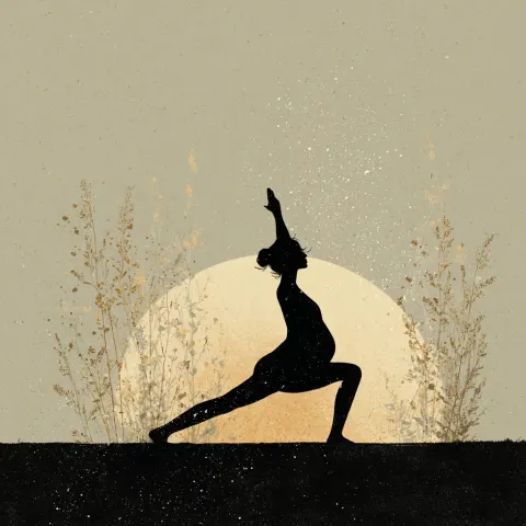 An illustration of a pregnant woman doing exercise, boho minimal style, on earthy tone background