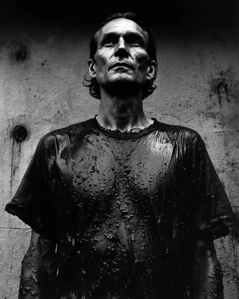 Man covered in oil , high detail, photography by Anton Corbijn, Hasselblad 500CM, Kodak Tri-X 400