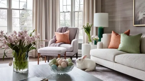 Luxury Easter living room scene, subtle purple, green, and orange decor, fresh spring florals