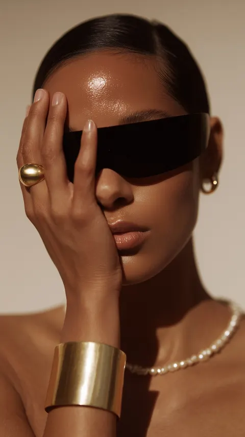 Close-up studio portrait of a woman, smooth tanned glowing skin, dark hair slicked back