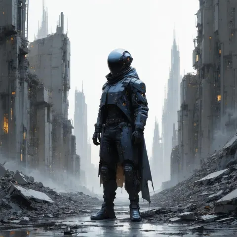 Minimalist Faceless Soldier Amid City Ruins