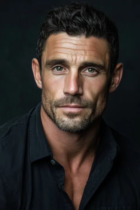 Tough, handsome man with short dark brown hair and green eyes. He is wearing a dark short-sleeve shi