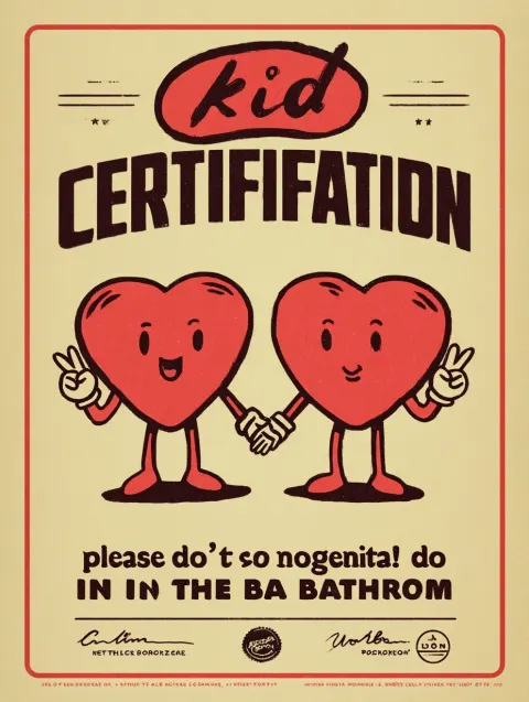 A retro-style poster with two cartoon hearts holding hands