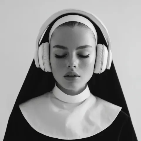Minimalist studio portrait of a young nun wearing white headphones, eyes closed