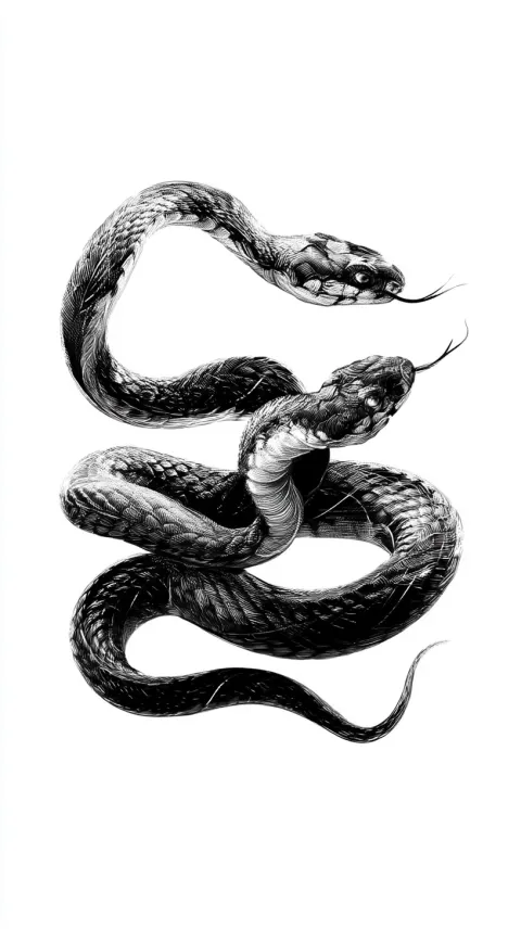 Illustration of snakes moving around, dynamic movement, black and white, high contrast.