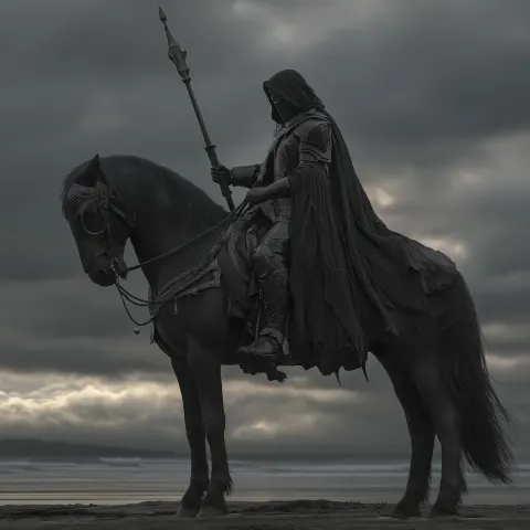 A digital image, close up view of a medevil knight in black armour on a black war horse holding a lo