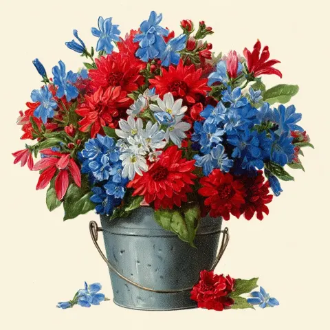 1950s beautiful kitschy illustration of an adorable VINTAGE METAL BUCKET FULL OF red and blue flower
