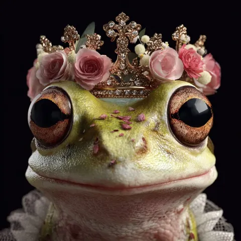 A beautiful frog wearing a crown, cute and sexy, with long eyelashes; add the text ‘elizabethanera’.